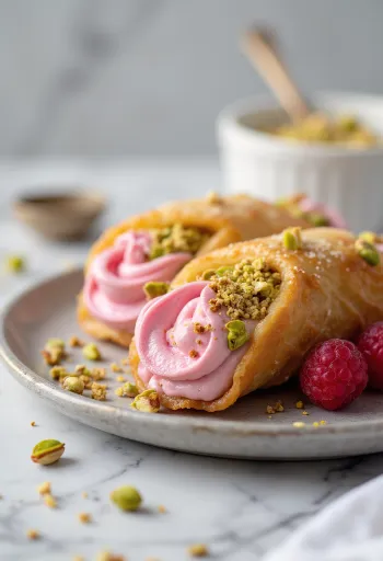 라즈베리 피스타치오 카놀리 디저트가 접시에 담긴 모습